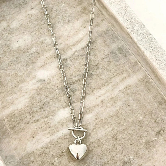 925 Sterling Silver Chunky Toggle Heart Necklace Minimalist Heart Pendant Chain - Picture 2 of 5